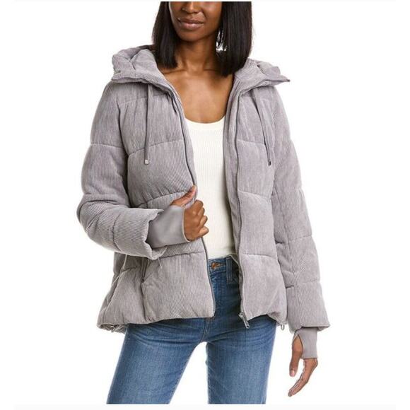 Sam Edelman Gray Quilted Corduroy Puffer Jacket Coat Hood Women's M Medium - Picture 2 of 15